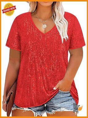 Plus Size Sequin Top Short Sleeve V Neck Party Blouse Shimmer Evening Shirt